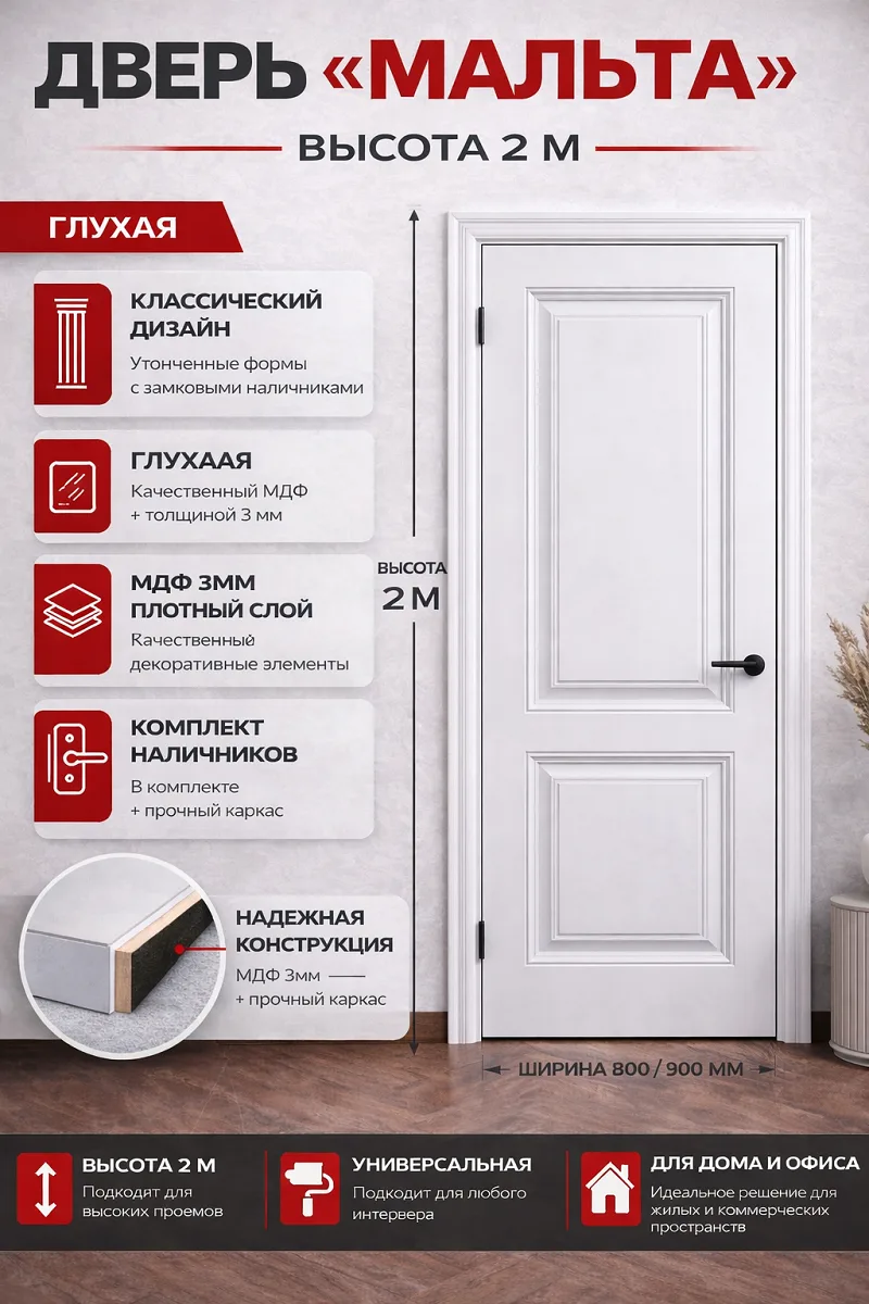 Дверь Мальта глухой крашенный МДФ 3мм