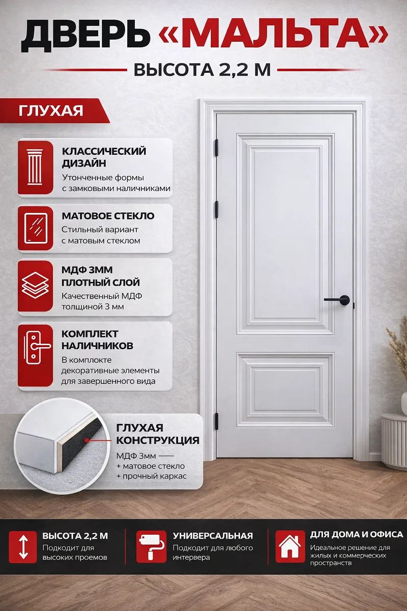 Дверь Мальта высота 2,2м МДФ 3мм глухой