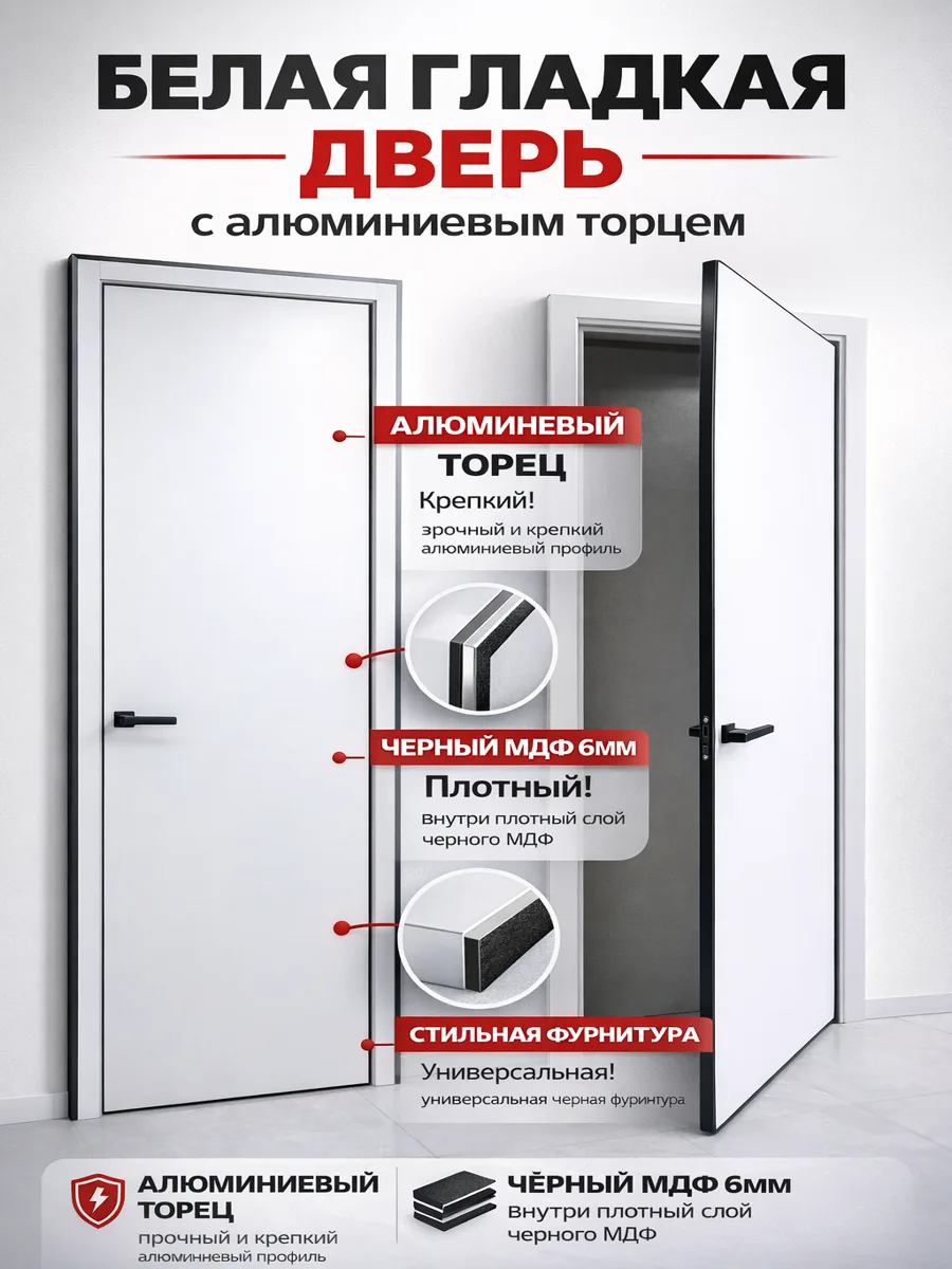 Дверь гладкая белая алюминиевый торец черный МДФ 6мм
